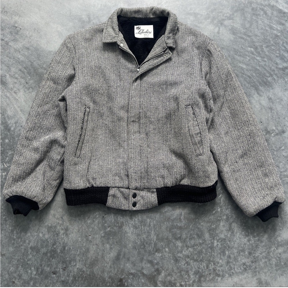 Vintage Lakeshire Herringbone Bomber Jacket Mens Grey Wool Faux Fur Lined USA